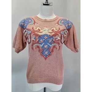 Vintage PS Illustrations Pink Embroidered Short Sleeve Sweater Ramie Cotton S